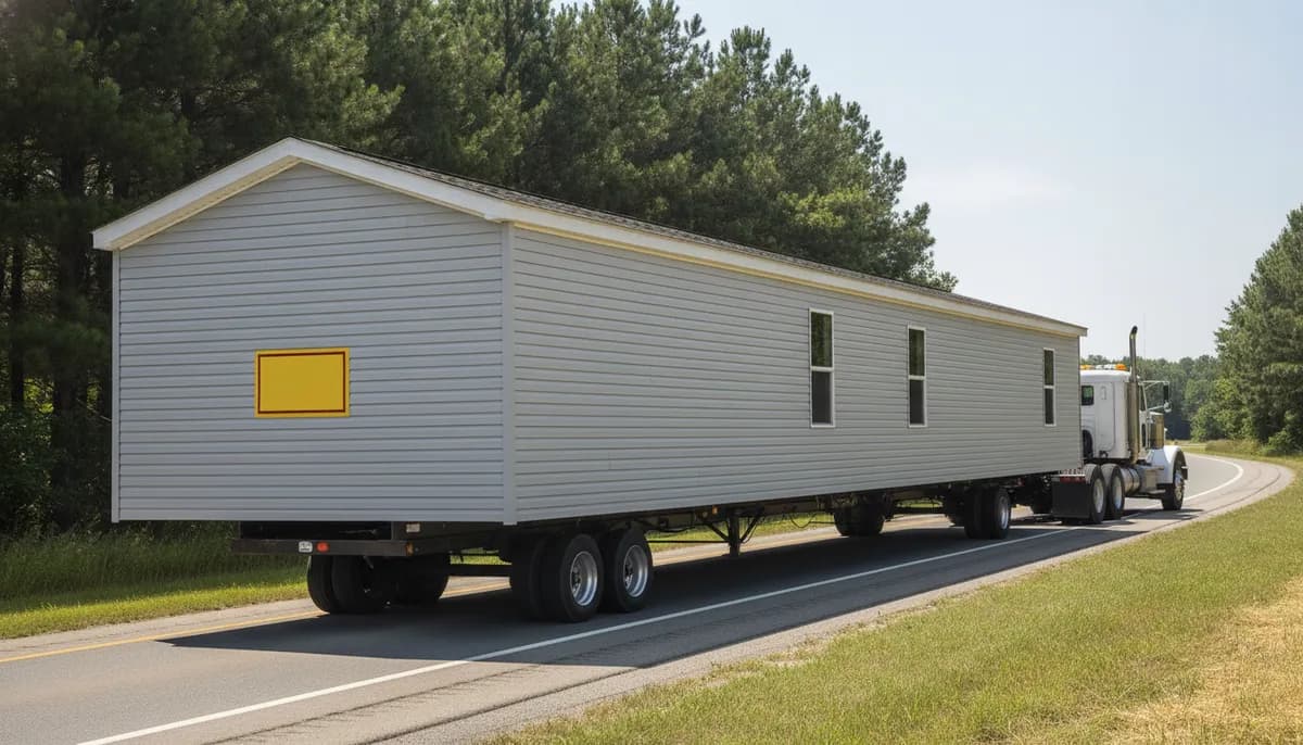 A manufactured home section on its transport chassis on a rural highway