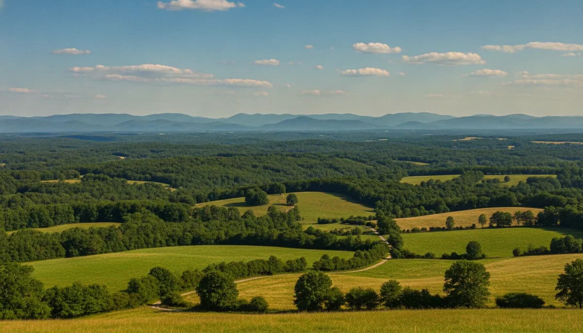 Rolling Virginia countryside with the Blue Ridge in the distance