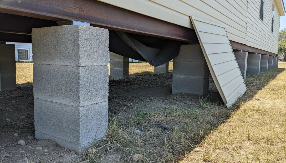 Underside skirting and foundation piers of a manufactured home