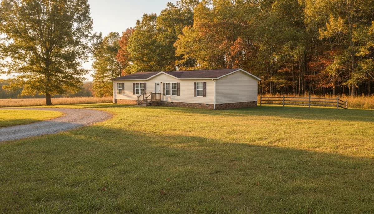 A manufactured home on a rural Virginia lot in late afternoon light